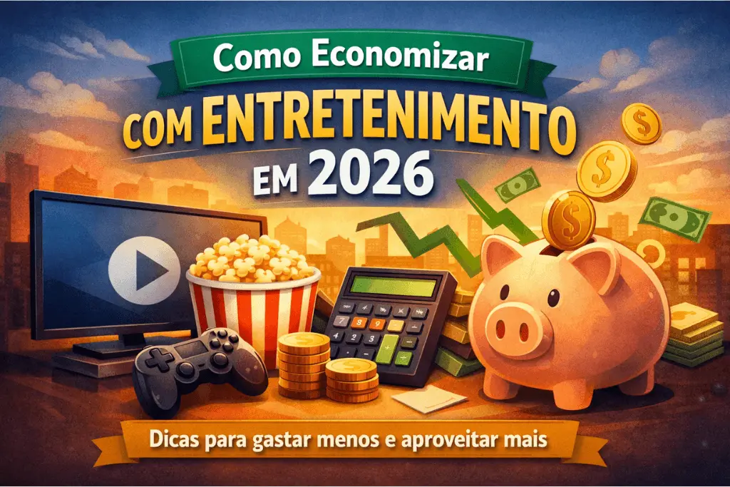 Imagem de capa sobre como economizar com entretenimento em 2026, com TV, pipoca, controle, calculadora e cofrinho representando redução de gastos com lazer.